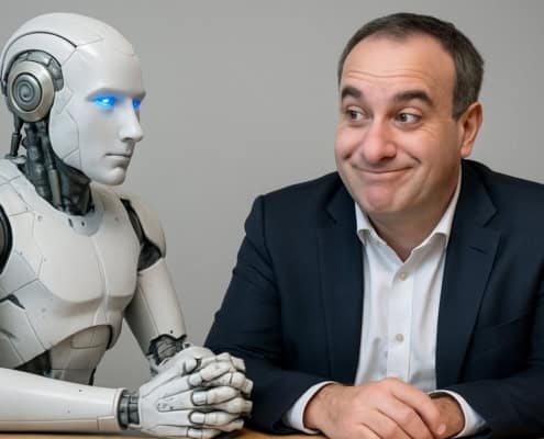 Mensch und künstliche Intelligenz arbeiten gemeinsam im Unternehmenskontext